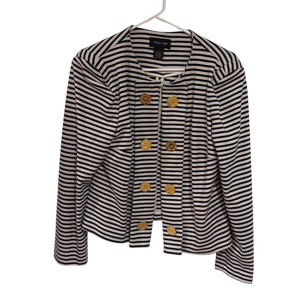 Focus 2000 Women's 6 Navy White Striped Gold Button Preppy Blazer Coastal Jacket